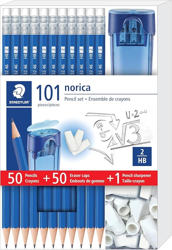 STAEDTLER Norica Pencil Set 50 Pencils + 50 Eraser Caps + Sharpener 24 Pack