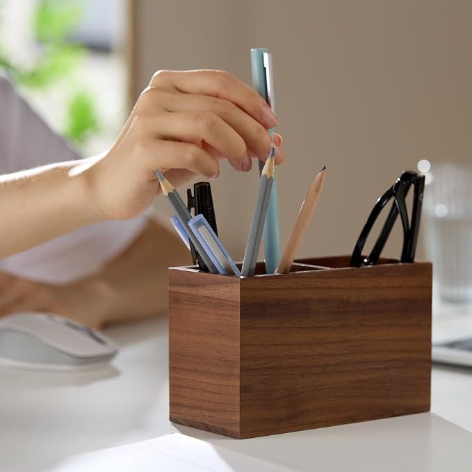 Walnut Pencil Holder (Double Slots) Wood Pen Holder for Desk