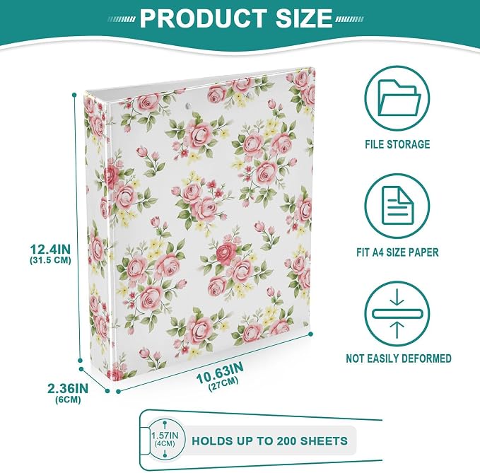 3 Ring Binder, Pink Rose Flower Floral File Folder Holds 200 Sheets File Storage for Women Men School Office Supplie