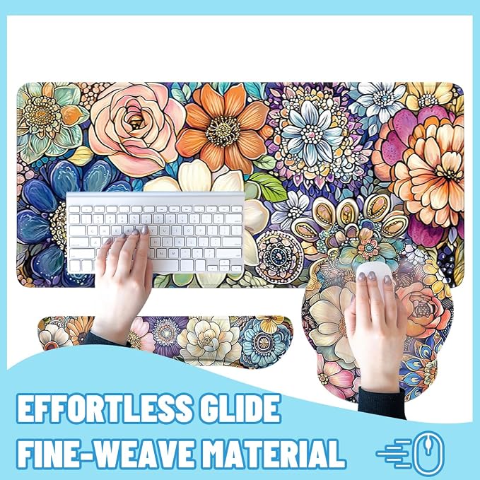 Flowers Mouse Pad Set Colorful Abstract Floral Pattern Gaming Mousepad 4in1 Desk Mat for Desktop Wrist Support Cup Coaster Set Ergonomic Computer Desk Arm Wrist for Decor Home Office