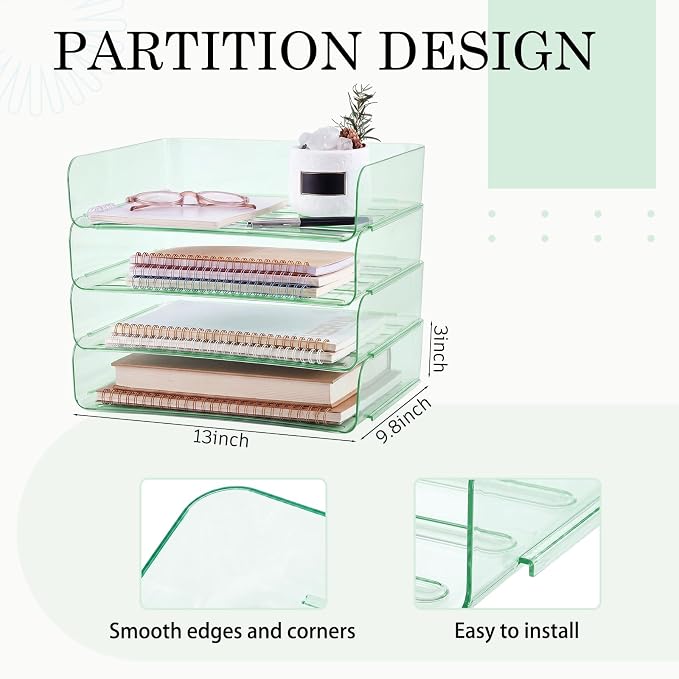 Harloon 4 Tier Clear Sage Green Acrylic Paper Organizer Letter Tray, Aesthetic Stackable Desk File Organizer Paper Holder Office Tray for A4, Modern Office Classroom Home File Pad Books Notes