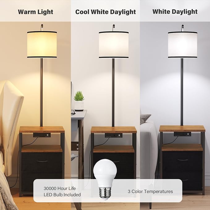 SUNMORY Floor Standing Lamp with Table & 2 Drawers, USB & AC Charging Port | 3 Color Temperature LED Bulb, Modern Nightstand for Bedroom, Shelves End Side Table Lamp for Living Room Home Office