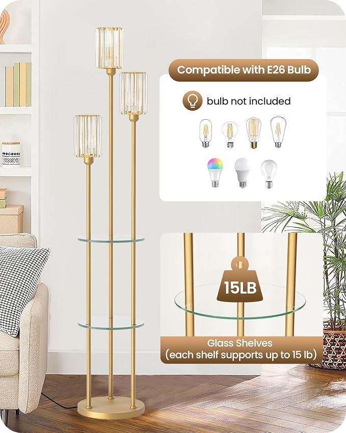 Gold Floor Lamp with Shelves, Modern Floor Lamp with 3 Crystal Shades and Foot Switch, 3-Light Standing Lamp with 3 Shelves, for Living Room, Bedroom, Study, Office, Gold D53LD05