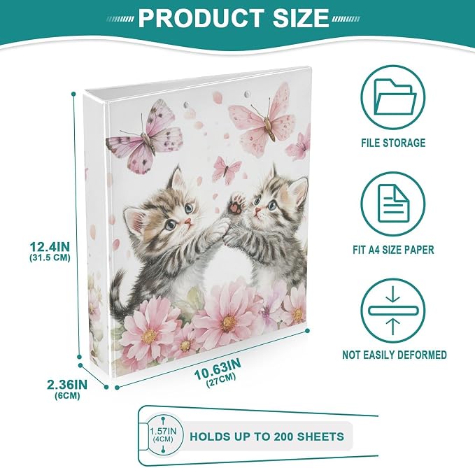 Butterfly Cute Cat Binder 1.5 Inch Binder with Clipboard&Pockets, Kitty with Pink Floral Hardcover Binders 3 Ring, Heavy Duty Large File Folder for Office School Supplies - Holds 200 Sheets