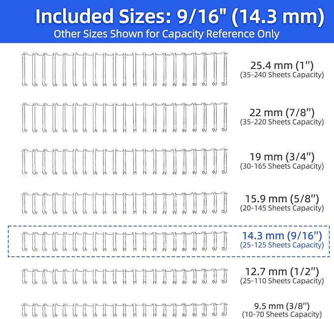 RAYSON Double Loop Binding Wire Spines, 9/16 Inch, 2:1 Pitch Binding Wires Capacity 125 Sheets, 21-Loops for Letter Size Paper, Silver Wire Binding Spiral Pack of 100