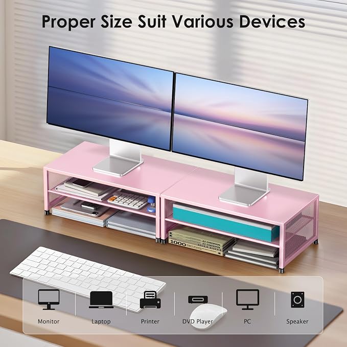 ECOLOVI 2-Tier Computer Monitor Stand Riser, Printer & Laptop Stand, Office Desk Accessories, Workspace Desk Organizer for Home Office Supplies, Pink