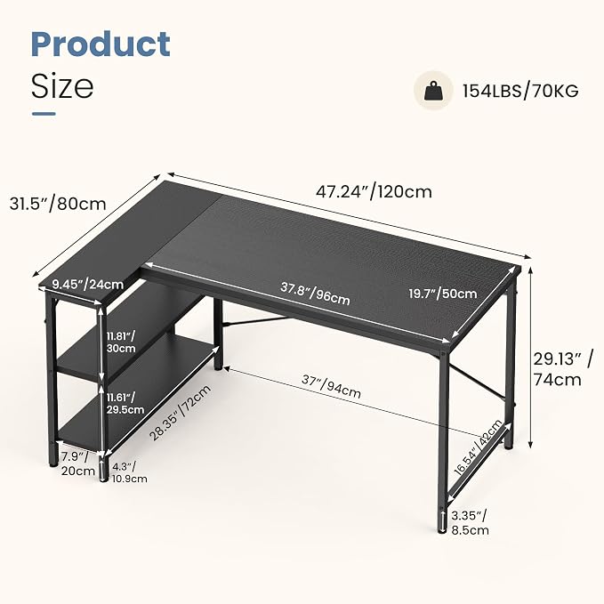 DUMOS 47" L Shaped Computer Desk, Gaming Corner Desks with Storage Shelves | Home Office Working Desk, Writing Study PC Desk with Reversible Layout, Bedroom Dorm, Black