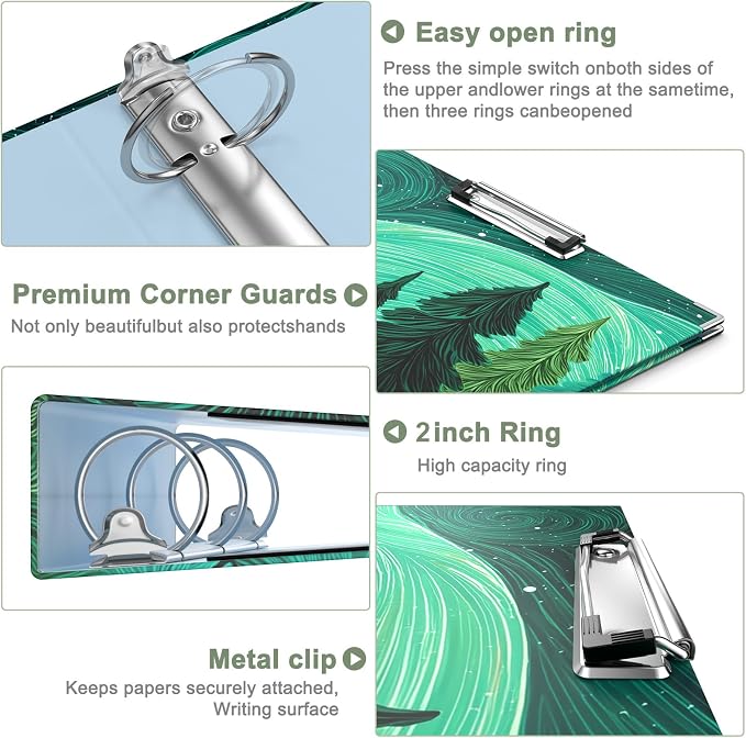 Rouidr 3 Ring Binder, 2 Inch Round Ring Binder Organizer with Clipboard, 5 Dividers Tabs, A4 8.5 x 11 Inch Paper & Clear Sleeves for School, Office Supplies