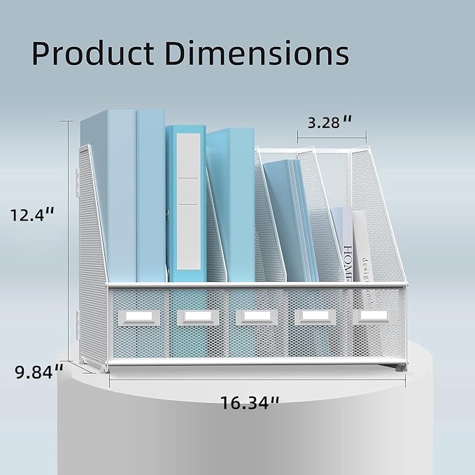 Desk Organizers Metal Desk Magazine File Holder with 5 Vertical Compartments Rack File Organizer for Office Desktop, Classroom, Home Workspace, White