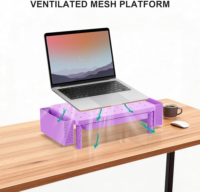 WALI Computer Monitor Stand with Storage, Desk Organizer with Drawer and Pen Holder, Desk Monitor Riser 3 Height Adjustable, Laptop Riser for Laptop, Printer (PTT003-V), 1 Pack, Violet