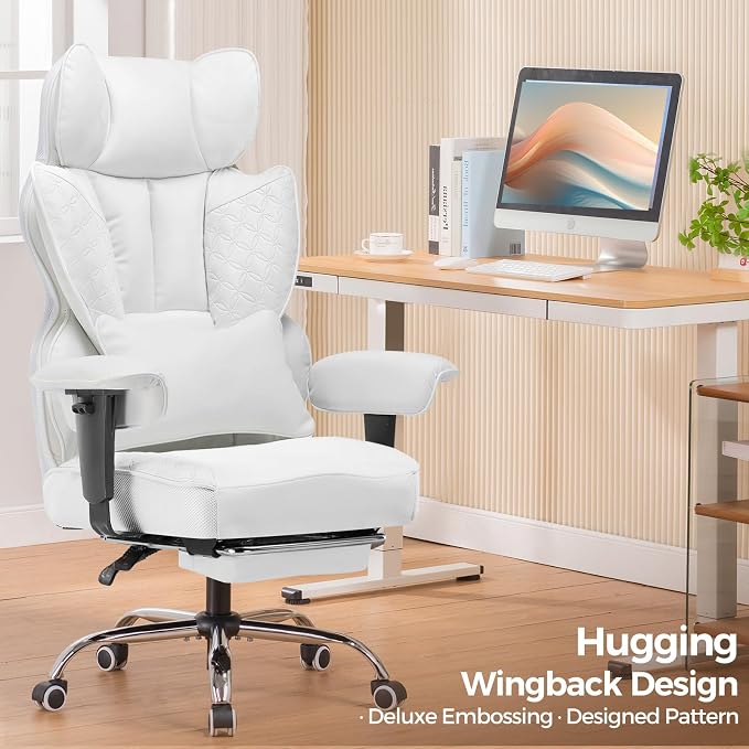 COMHOMA Big and Tall Office Chair Heavy Duty Wide Ergonomic Gaming Chair with Deluxe Embossing Designed Leather with Foot Rest,150°Reclining Adjustable Armrests Pocket Spring Back Support and Pillow
