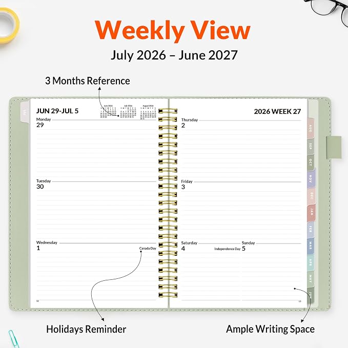 SUNEE 2026-2027 Weekly & Monthly Planner 6.4"x8.5" - 12 Month (July 2026 - June 2027), Vegan Leather Cover Planner Academic Year Calendar, Pocket, Notes, Monthly Tab, Green