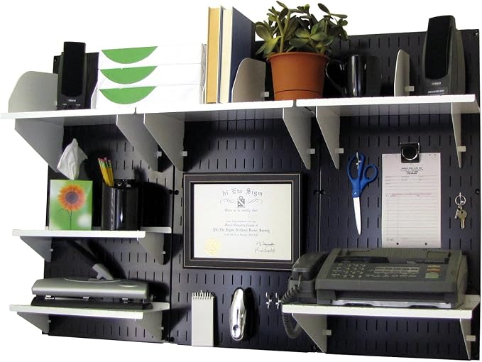 Wall Control Office Organizer Unit Wall Mounted Office Desk Storage and Organization Kit Black Wallboards and White Accessories