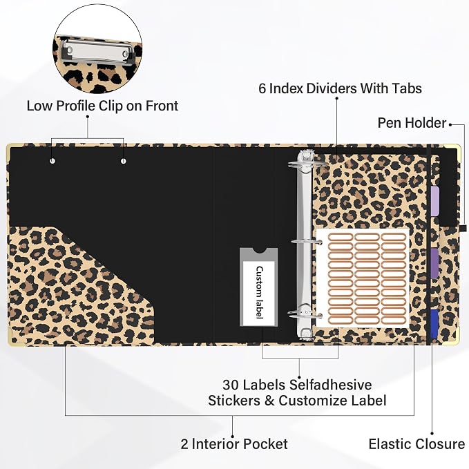 3 Ring Binder 3 Inch Round Ring Binder with 6 Tab Dividers，2 Interior Pockets，Cute Binder Clipboard with Storage, for School Office, Portfolio Organizer with Labels(Cheetah Spots)