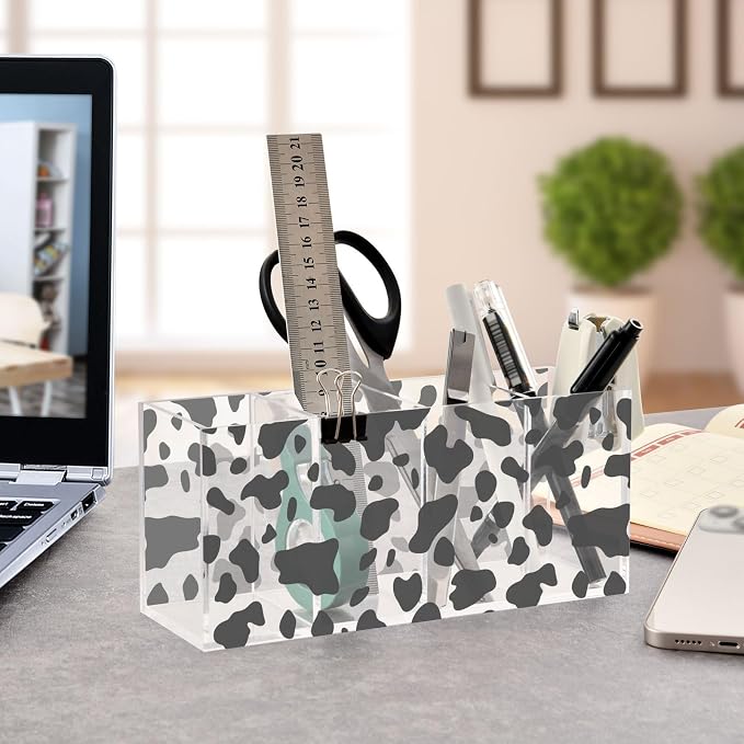 Classic Cow Print Clear Acrylic Cutlery and Pen Organizer, Acrylic Plastic Pencil Holder Square 4 Compartments Large Capacity Acrylic Pencil Holder Desk Pencil Organizer