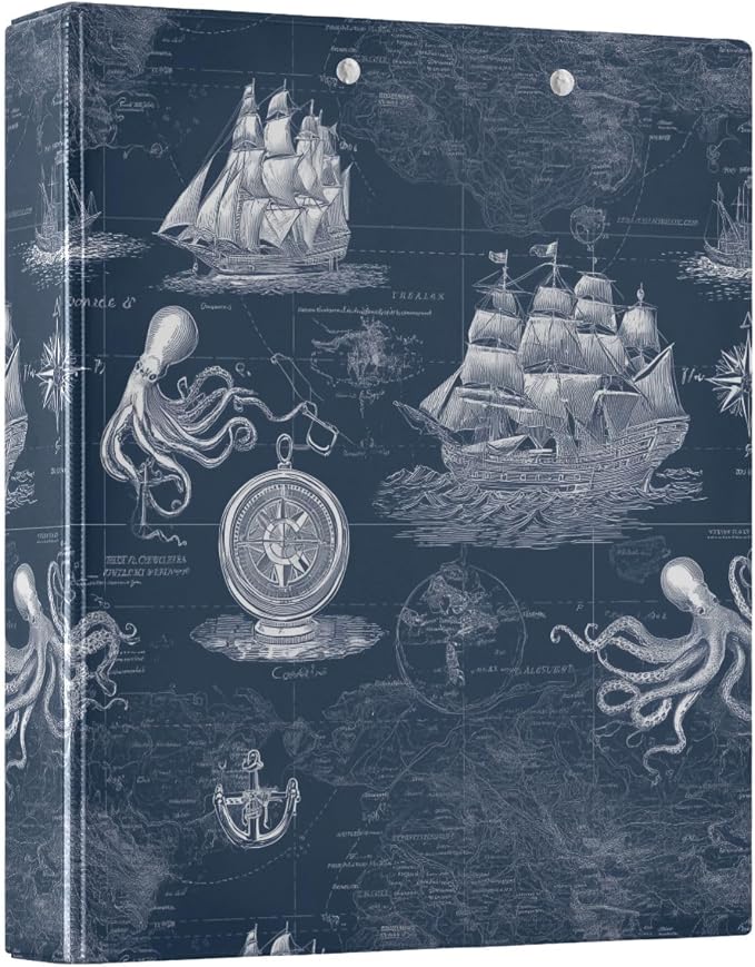 Nautical Ship Rudder Anchor Printed 3-Ring Binder for School Office, 1.5 Inch Round Ring Binder for Home Recipe Budget Aesthetic Binder with Pocket Metal Non-Slip Clip Holds 200 Sheets