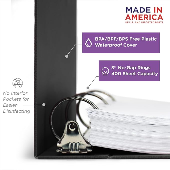 Carstens 3-Inch Heavy Duty 3-Ring Binder - Top Opening, Black, Durable Plastic, Precision No-Gap Rings, Waterproof Cover, No Pockets, Holds 400 Letter Sheets, BPA-Free, Made in USA (1755-3R)