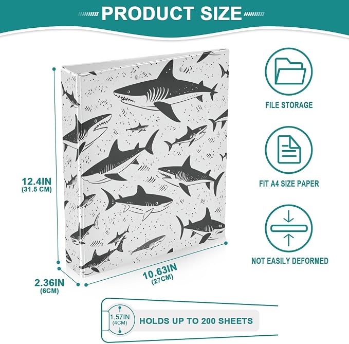 JIPONI 3 Ring Binder Sharks Black 1 Inch Round Binders for Men Women Students, Cute File Organizer for Office School, 2pcs