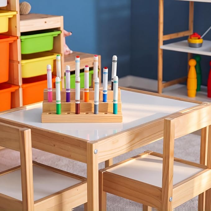 Cinnvoice Wooden Marker Stand Marker Pen Holder Storage Organizer for Classroom Display Stand Paint Brush Holder for Organization Storage Supplies (24 Holes)