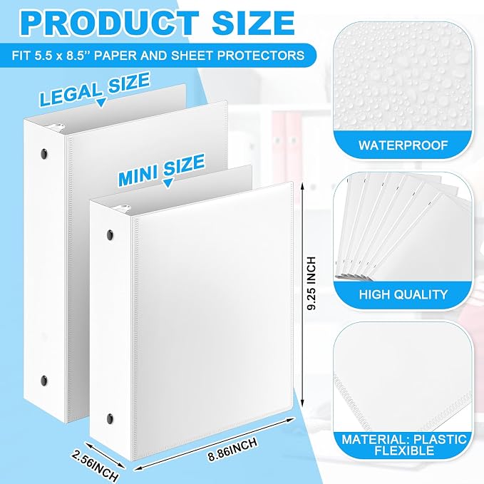 Henoyso 2 Inch 6 Pack Mini Clear View 3 Ring Binders for 5.5"x8.5",White | Holds 490 Sheets, Clear Front Covers, Flexible Plastic Binder Bulk, Three Round Rings, School Office Report Filing, Planners