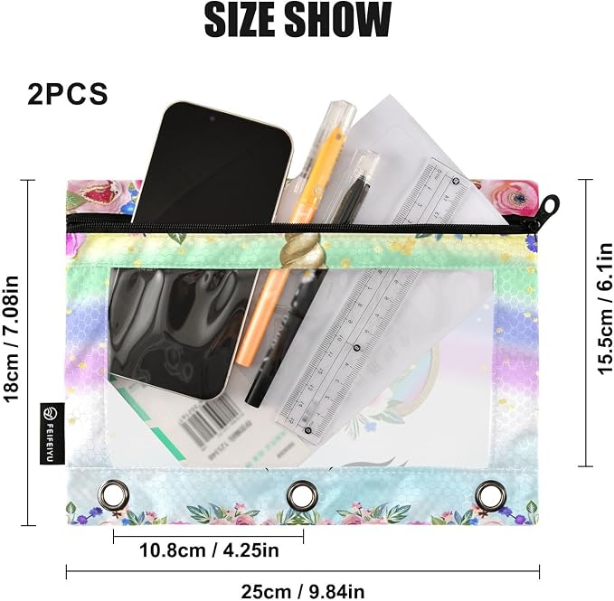 Unicorn Pink Pencil Pouch for 3 Ring Binder, 2 Pack Waterproof Pencil Bags Clear Window Zipper School Office Supplies