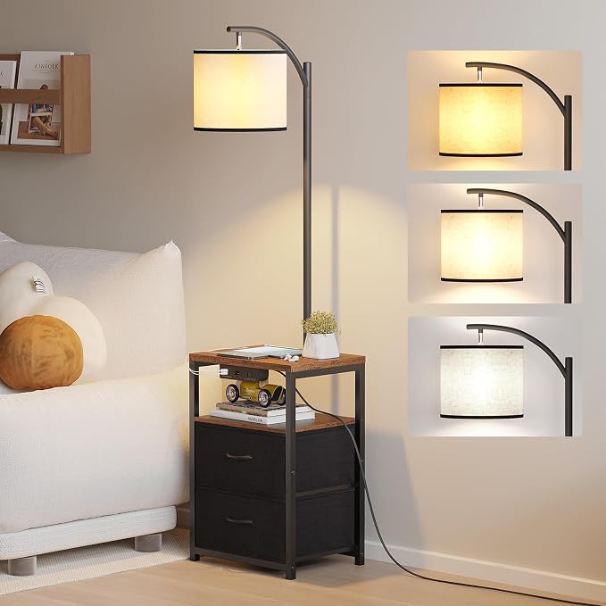 SUNMORY Floor Standing Lamp with Table & 2 Drawers, USB & AC Charging Port | 3 Color Temperature LED Bulb, Modern Nightstand for Bedroom, Shelves End Side Table Lamp for Living Room Home Office