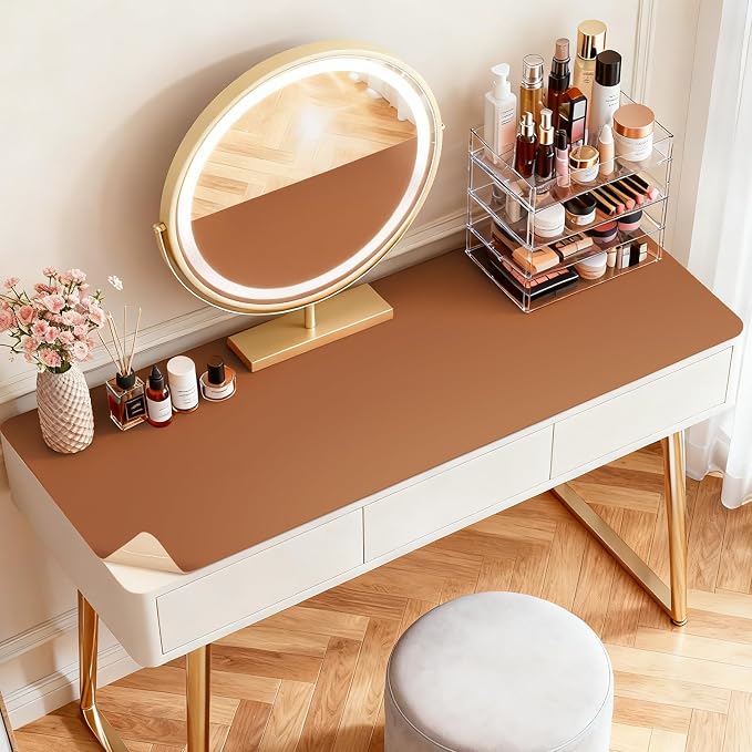 LovePads Makeup Mat for Vanity, 16" x 32" PVC Desk Mat & Dresser Cover Top | Waterproof Desk Protector, Vanity and Desk Accessories; Wipes Clean, Ideal for Writing, Nail Art, Craft Table, Brown+Beige