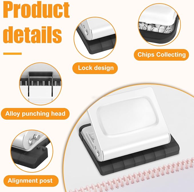 10 Hole Punch Binding Machine for Planners with 10 Multi-Color Binder Rings | 30 Holes on A4, 20 Holes on A5, 26 Holes on B5, 10 Sheet Capacity (White)