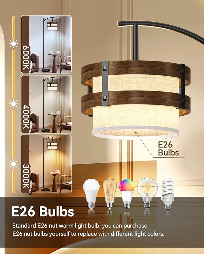 67" Industrial Floor Lamp with Wood & Black Metal Shade, Modern Standing Lamp, Rustic Farmhouse Tall Lamp for Living Room Bedroom Office, 2700K Bulb & Foot Switch Included (Black+ Wood -FL-2529)