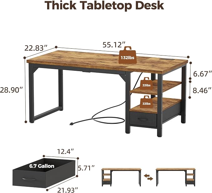 54" Computer Desk with Drawer, 1.2" Thick Reversible Office Desk | Modern Writing Table with Power Outlets & Storage Shelves, Heavy Duty Industrial Executive Desk for Home Bedroom Study Work
