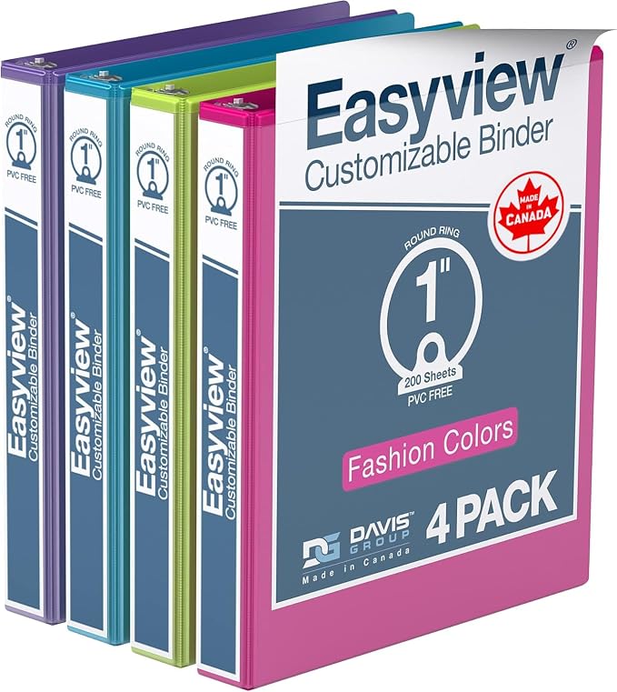 Easyview 3-Ring Binder, Clear-View Cover, 1" Round Rings, 4 Pack | Heavy-duty binder, fits 8.5" x 11" paper, fashion colors, customizable cover, made in Canada, ideal for school or office use