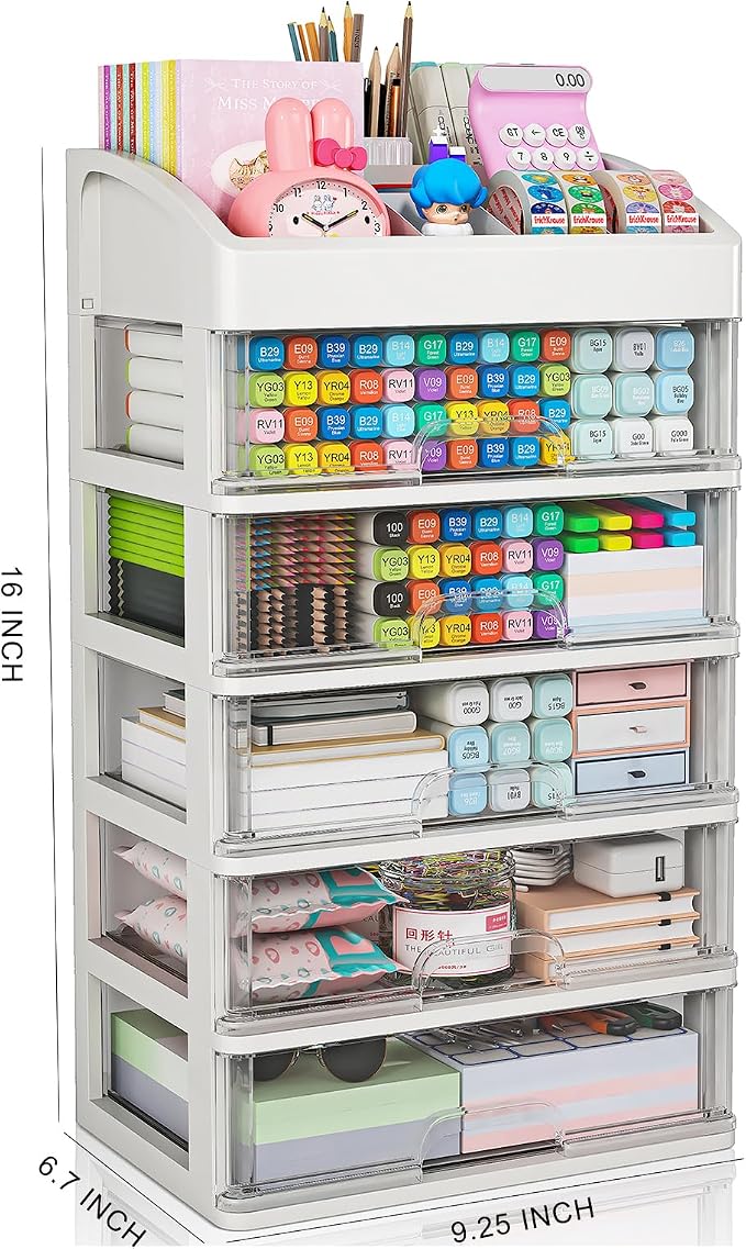 Desk Organizer with Drawers, 5 Drawers Storage Organizer, Desktop Storage Drawers for Office Supplies, Plastic Stationary Organizer, Makeup Organizer, Desk Storage Box for Office, School, Home