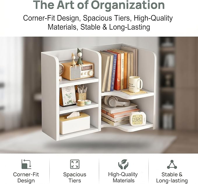 Desk Shelf,Small Bookshelf,Wooden Desk Hutch Desk Organizers,White Desktop Bookshelf and Accessories Storage Display Rack in Home Office Dorm,Freestanding Desk Shelf