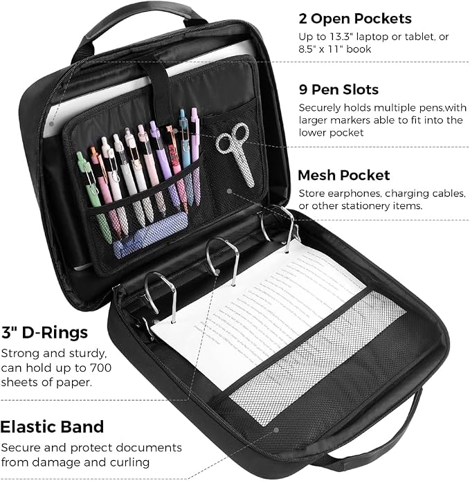 SKYDUE Zipper Binder 3 Inch D-Ring School Binder, Oxford Fabric School Organizer Holds 700+ Sheets, Fits 14" Laptop, Water-Resistant, Handle & Shoulder Strap, 14"x13" – School Supplies, Black