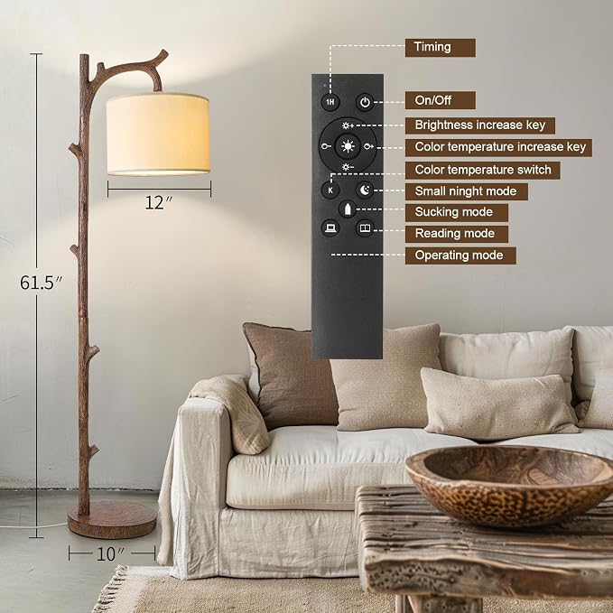 Retro Farmhouse Floor Lamp for Living Room with Remote Rustic Standing Lamps Tree Trunk Deco Modern Country Vintage Wood Floor Lamp（Brown,Bulb Included）