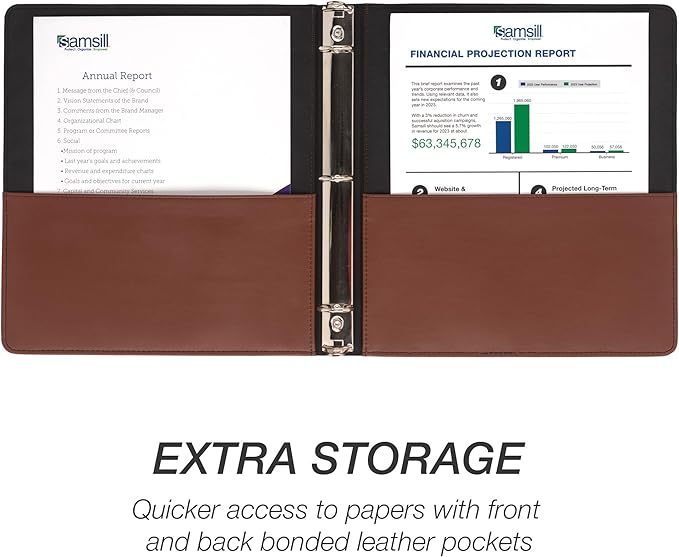 Samsill 1 Inch 3 Ring Binder, Leather, Brown with Contrast Stitching, 8.5X 11 Inch, 3 Rings, Notebook Binder, Portfolio Organizer, Planner, Journal