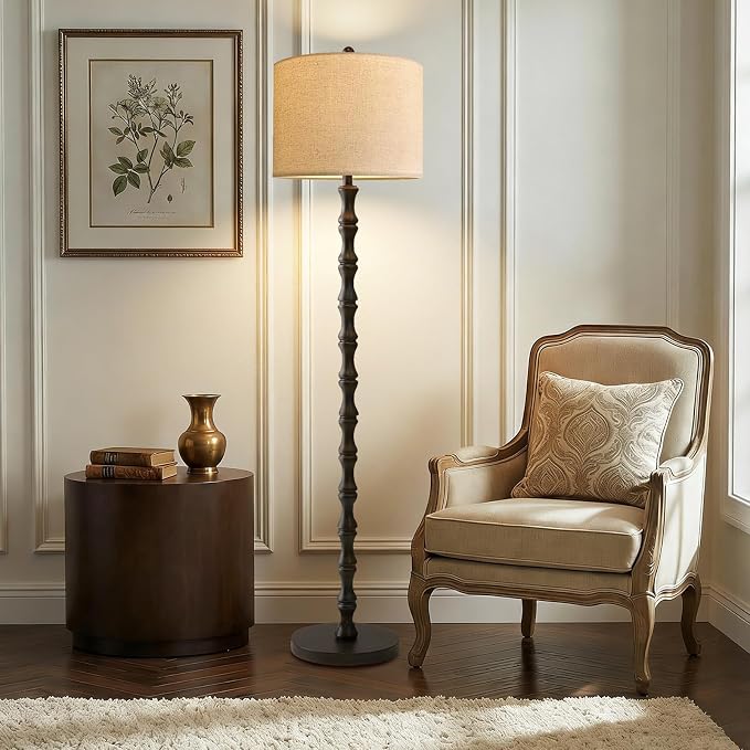 Wood Floor Lamps for Living Room Rattan Floor Lamp with Remote Control& 3 Color Temperature,Dimmable Rustic Floor Lamp Black Mid Century Modern Standing Lamp Tall Farmhouse Floor Lamp For Bedroom