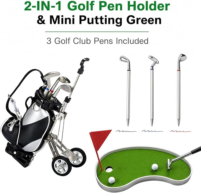 SANTA CASA Golf Pen Holder with 3 Pens, Mini Golf Desk Game for Golfers | Funny Desk Golf Accessory, Unique Gift for Men, Dad & Boss, Stocking Stuffer