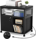 Unikito Lateral File Cabinet, Locking Office Printer Stand with Sockets and USB Charging Ports, Modern Rolling Printer Desk with Storage for A4, Letter Size and File Folders, Black
