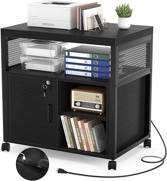 Unikito Lateral File Cabinet, Locking Office Printer Stand with Sockets and USB Charging Ports, Modern Rolling Printer Desk with Storage for A4, Letter Size and File Folders, Black