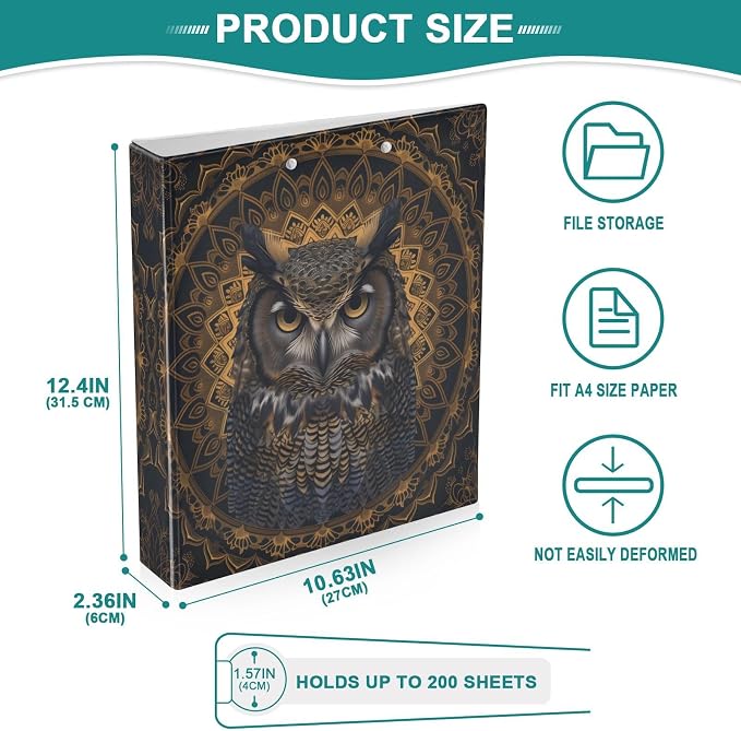 3 Ring Binder Bohemian Ethnic Owl 1.5 Inch Three Ring Binder | Cute Binder with 3 Storage Pockets for Women School Office Supplies