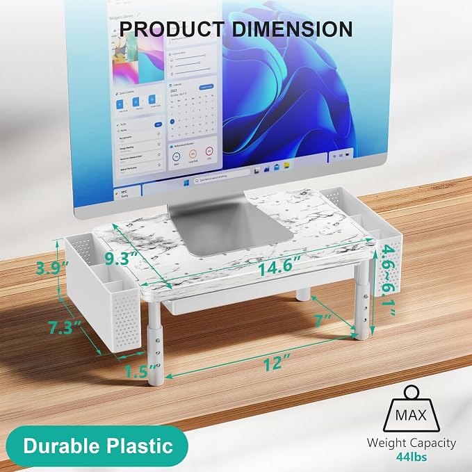 WALI Computer Monitor Stand with Storage, Desk Organizer with Drawer and Pen Holder, Desk Monitor Riser 3 Height Adjustable, Laptop Riser for Computer, Laptop, Printer(PTT003-M), 1 Pack, Marble
