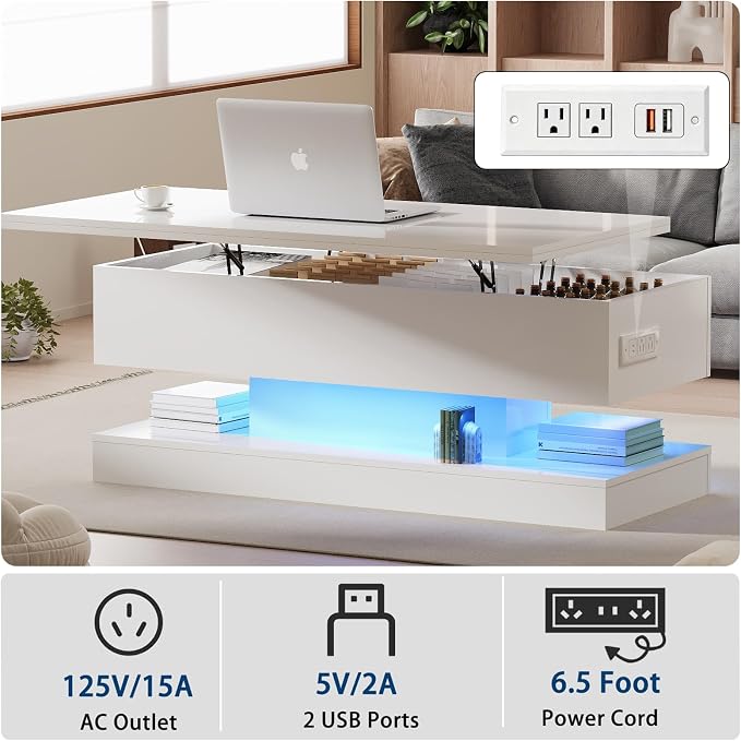 GarveeHome 47.2 Inch Large Lift Top Coffee Table Modern High Glossy LED Storage Table with Remote Control for Living Room Dining Room Home Office White 47.2" l*19.29" w*17.72" h