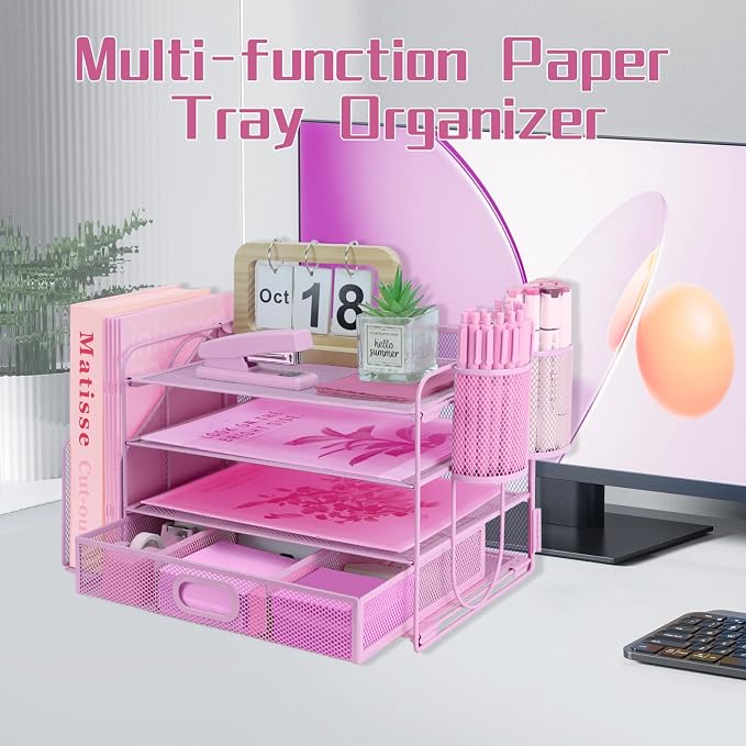 Desk Organizers and Accessories with File Holder, 4-Tier Paper Letter Tray Organiser with Drawer and 2 Pen Holder, Mesh Desktop Document Organizer for Office Supplies, Workspace - Pink