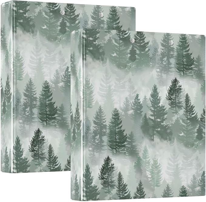 Mist Fir Tree Forest Green Trees 3 Ring Binder 1.5" Decorative D-Ring Binder with Clipboard&3 Clear Pockets, Holds 200 Sheets A4 Size Paper Waterproof Binders for School Home Office