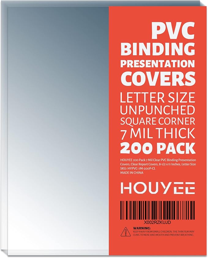 HOUYEE 200 Pack 7 Mil Clear Binding Presentation Covers,PVC,8.5" x 11" | Clear Covers for Binding, Transparent Plastic Binding Covers, Square Corner, Letter Size, for School Office