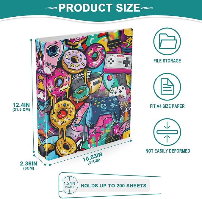 Game Boy Donuts Round Ring Binder for Recipe Budge Storage Organizer, Printed D Ring 1.5 Inch Binders for Office Work School Aesthetic Binder with Clear Pocket Non-Slip Clip