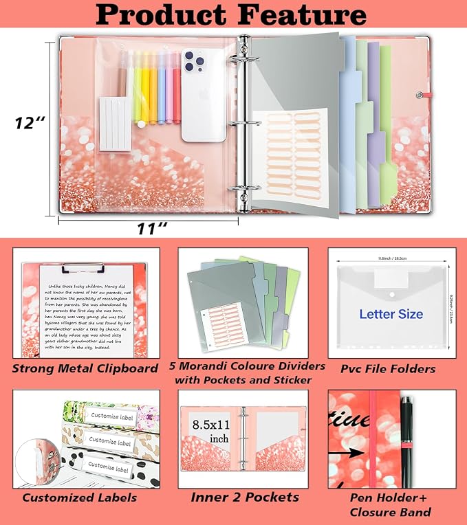 3 Ring Binder 2 Inch, Three Ring Binders Organizer with Clipboard, 5-Tabs Pockets Dividers, Plastic Folder, 18 Divider Stikers, BVSSX Pink Decorative Binder with Pen Loop (Stay Positive, Letter Size)