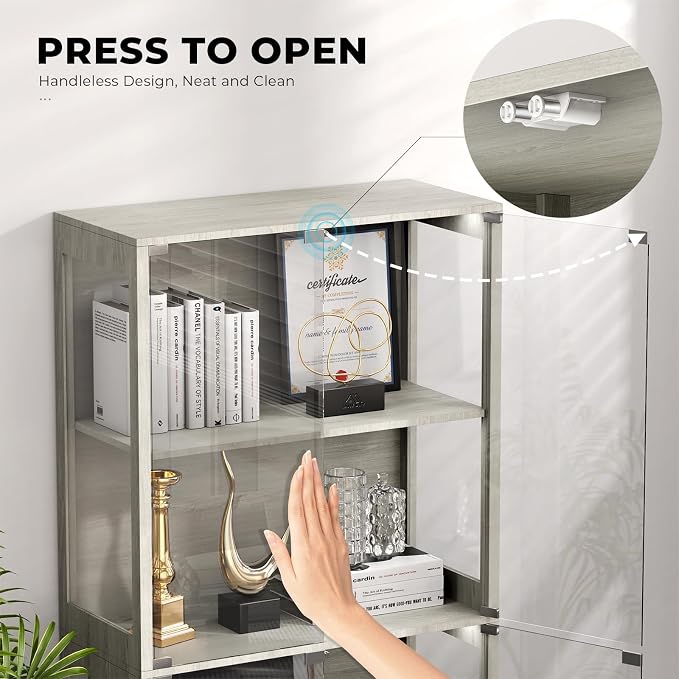 BROTTAR Display Cabinet with Glass Doors, 4-Tier Display Case, Gray | Curio Cabinet with 3 Color Lights for Collectibles, Storage Cabinets with Human Body Sensor