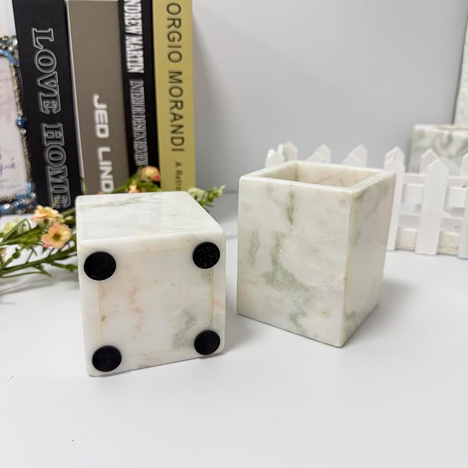 Natural Marble Pen Holder, 2.95" x 3.74" Square Hand-Polished Desk Pencil Cup, Multi-Functional Marble Organizer for Makeup Brushes, Kitchen Utensils, Office, Bathroom, Home Decor